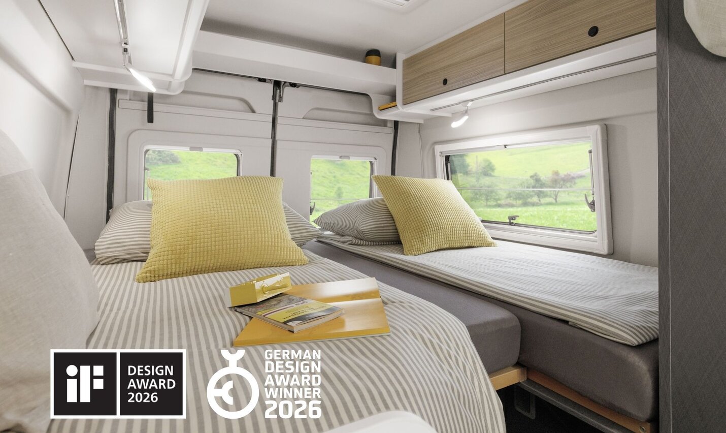 Slaapgedeelte van een Campervan Fiat Plus met tweepersoonsbed, grijs beddengoed, gestreept kussen en uitzicht door het raam op groen landschap.