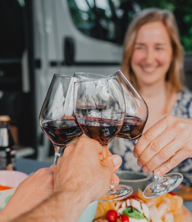 Met wijnglazen klinken voor een Etrusco Campervan Fiat Plus, omgeven door hapjes en een vrolijke kampeersfeer in de natuur.