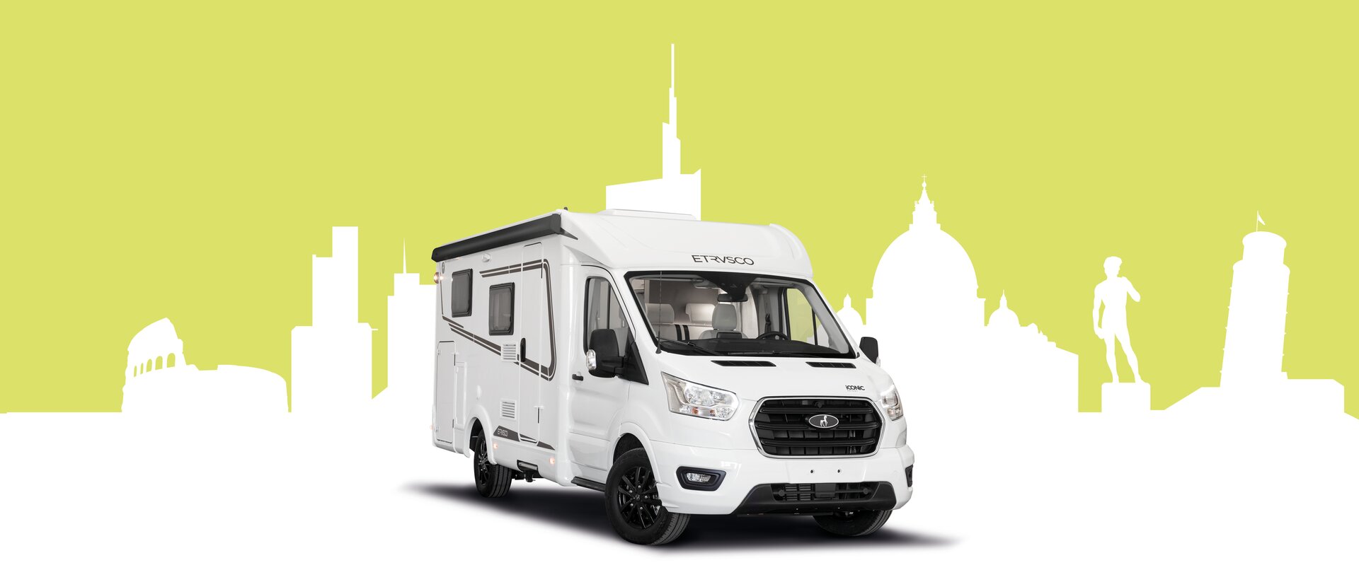 Etrusco Ford varevogn – smal, delintegreret autocamper på Ford-basis foran en stiliseret bysilhuet.