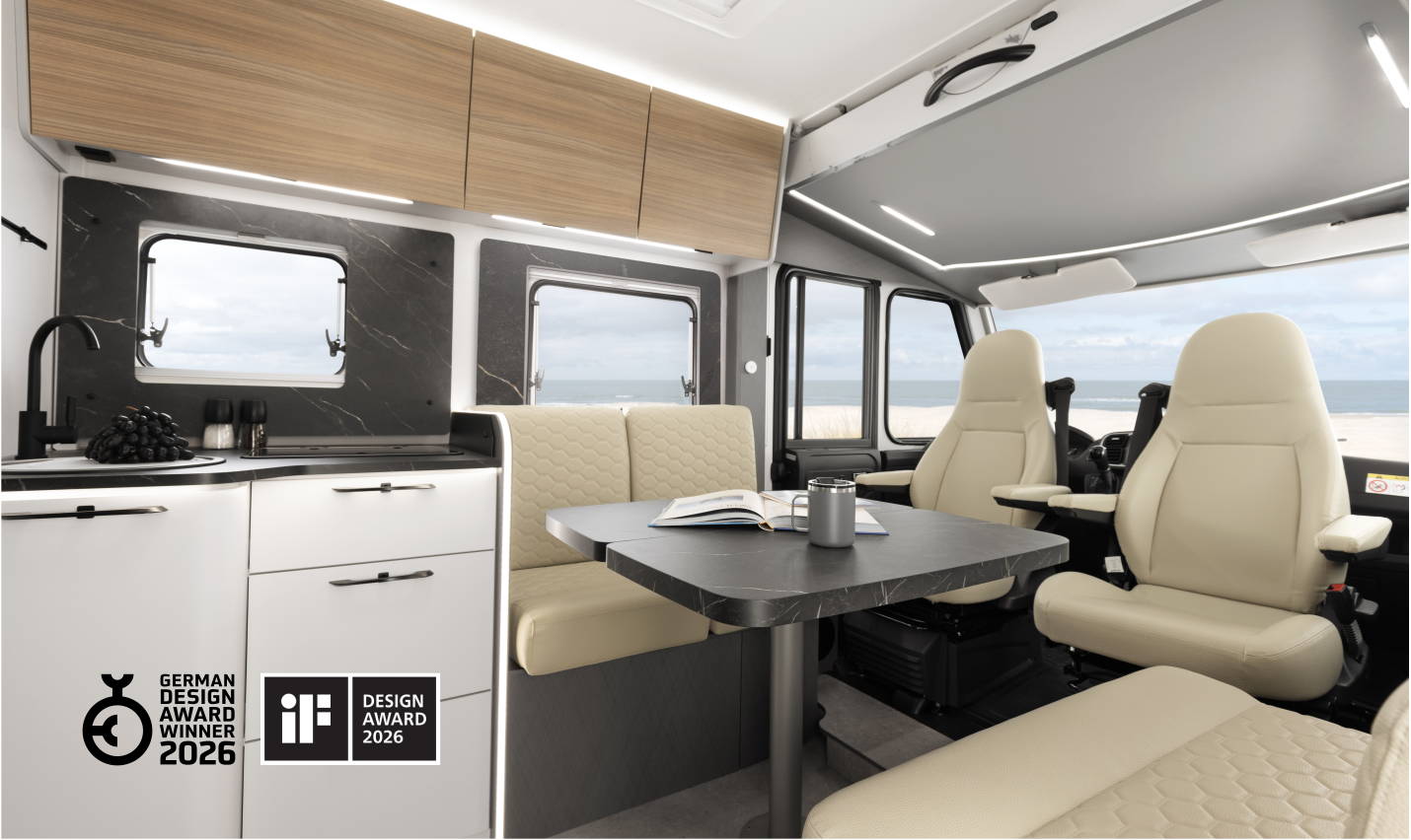 Open kitchen drawer with cutlery tray, soft-close system, and modern design in an Etrusco integrated motorhome Fiat.